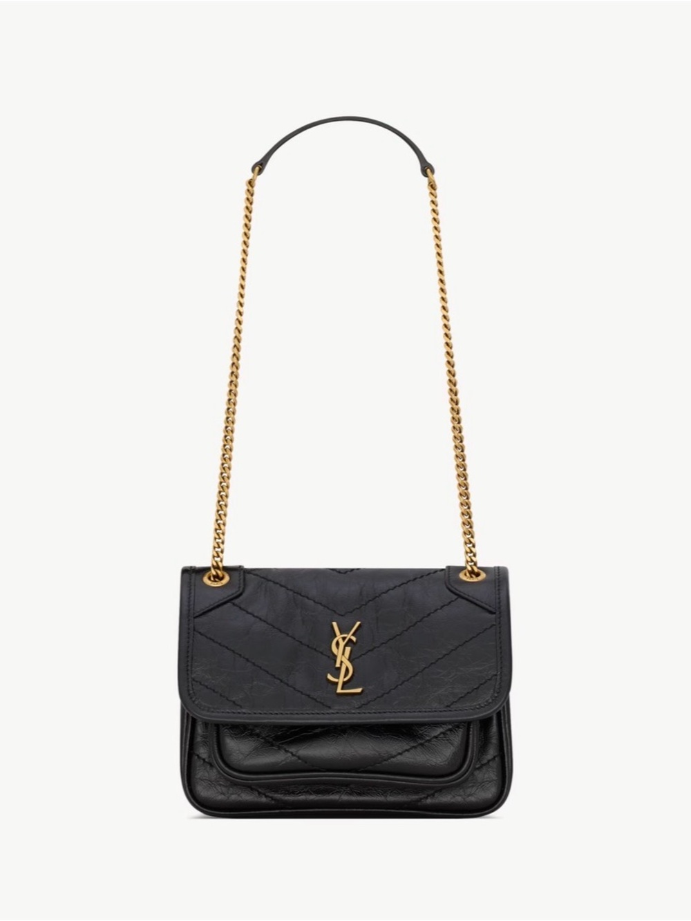 Saint Laurent Niki Baby in Lambskin Black Shoulder Bag with Gold YSL Chain